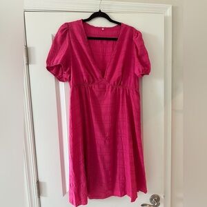 Hot Pink V-Neck Puff Sleeve Dress